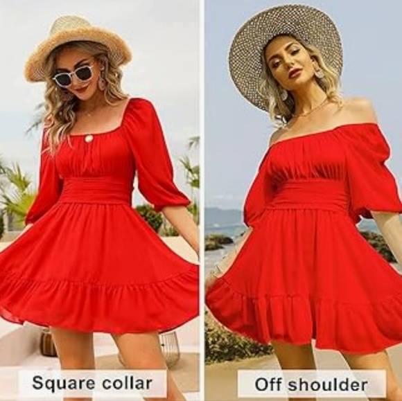 Exlura SM Red Ruffled Bell Sleeve Off-the-Shoulder Mini Flare Dress - Picture 3 of 8
